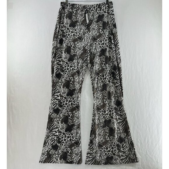 Nasty Gal Flared Pants Women 20 Pull On Mixed Animal Print High Rise Black White - Picture 1 of 12